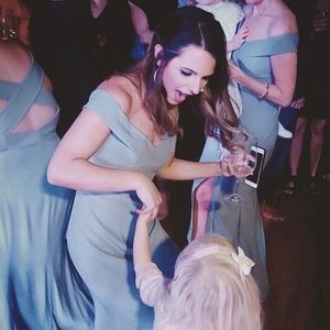 Dessy Collection Off-the-Shoulder Criss Cross Back Trumpet Gown - dusty blue